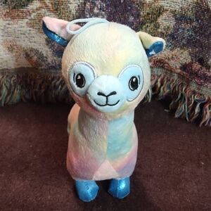 Rainbow plush stuffed llama toy 9 In, shimmer feet pink blue yellow hanging loop